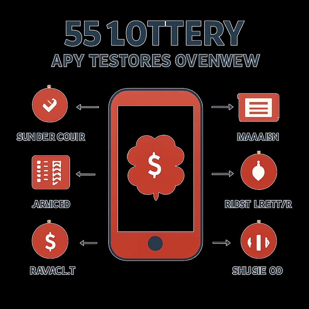 An educational diagram outlining the features of the 55 Lottery app.