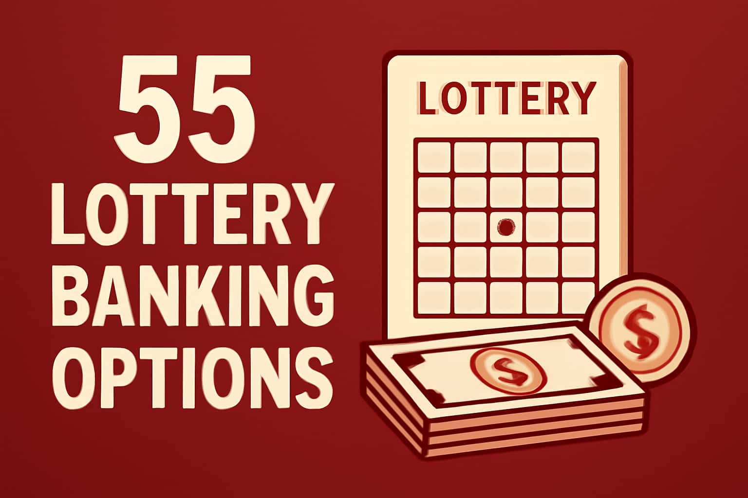 An informative scene illustrating banking options for 55 Lottery with red accents.
